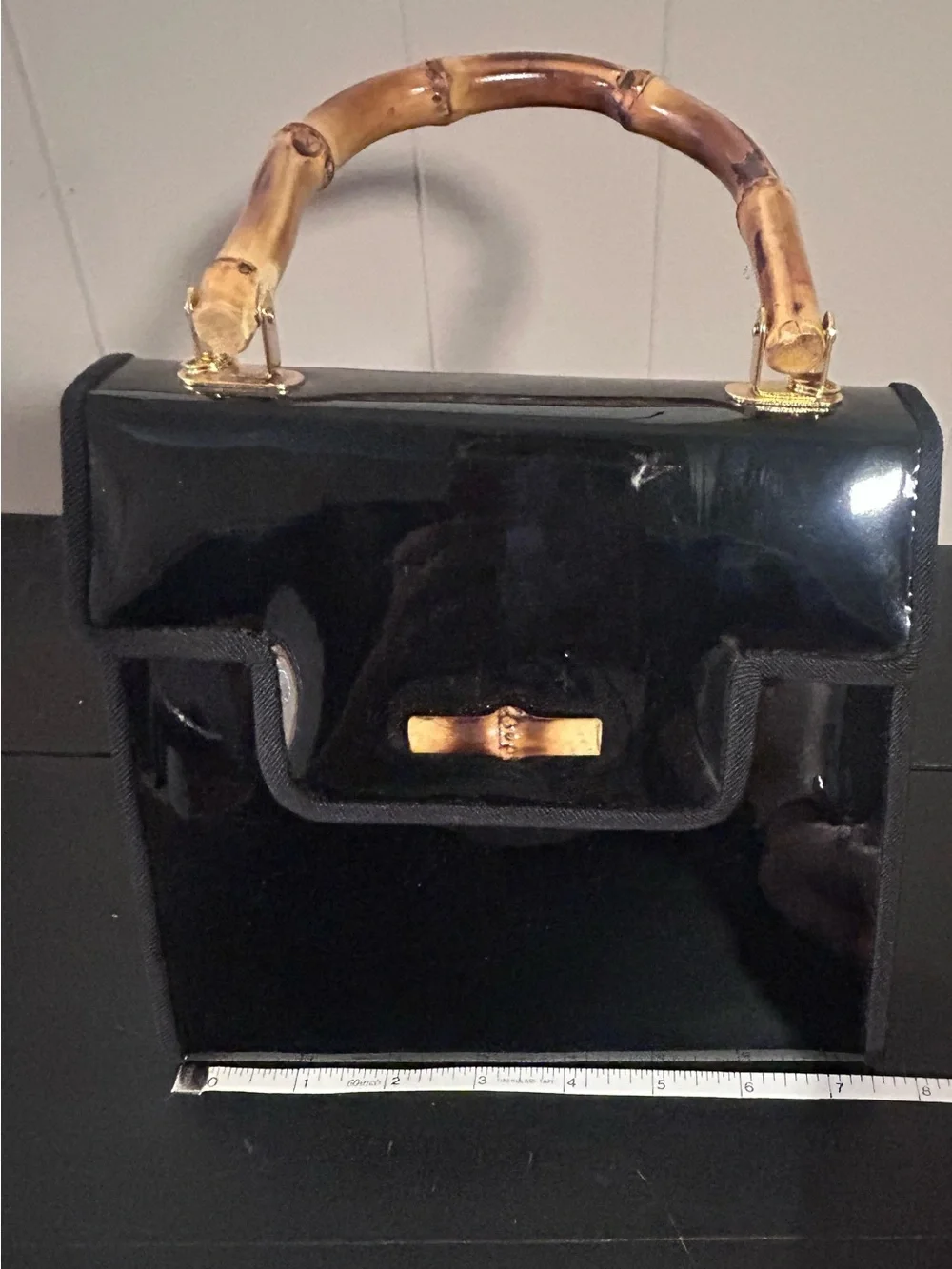 Black Patent Top-Handle Bag with Bamboo Accent